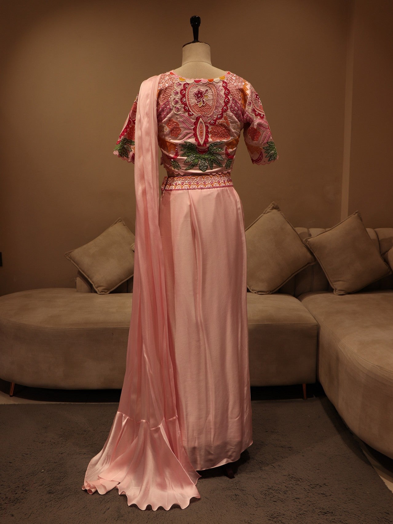 Pink embroidered drape saree