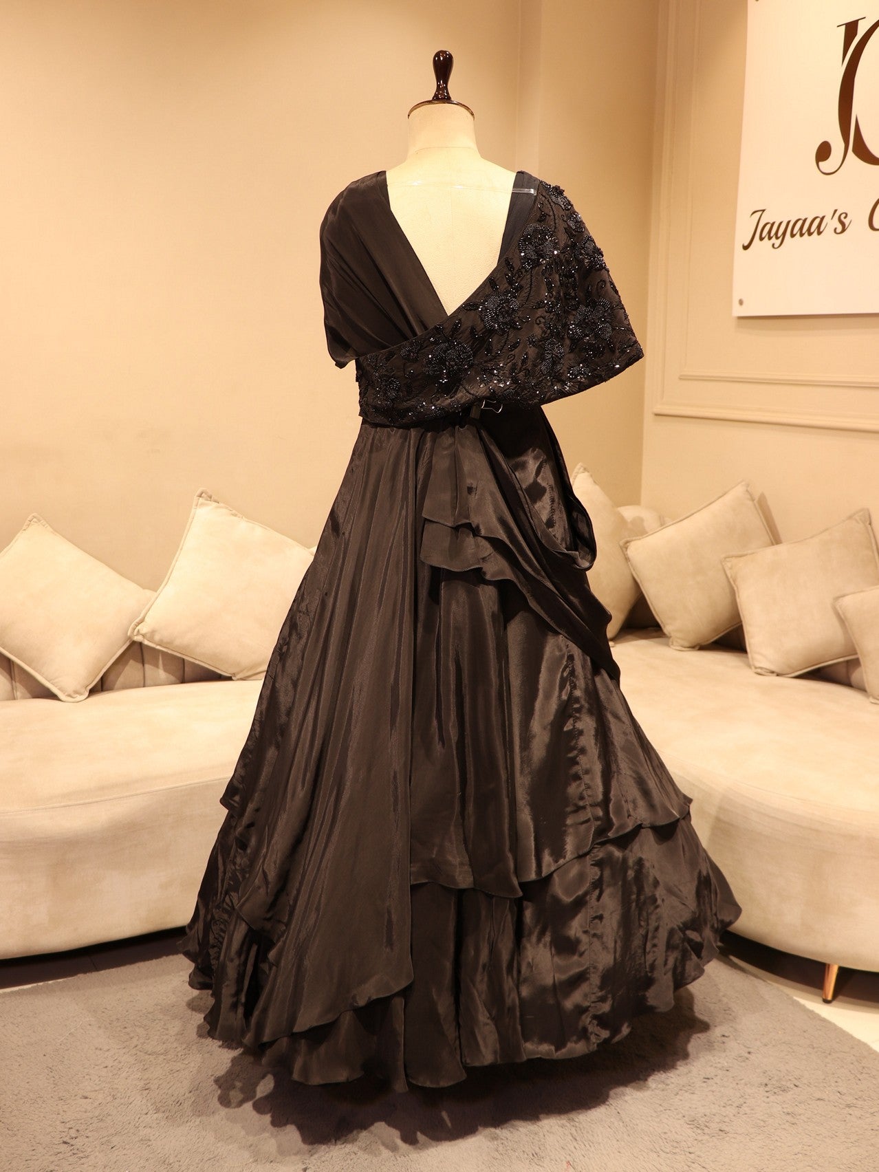 Midnight black cape gown set