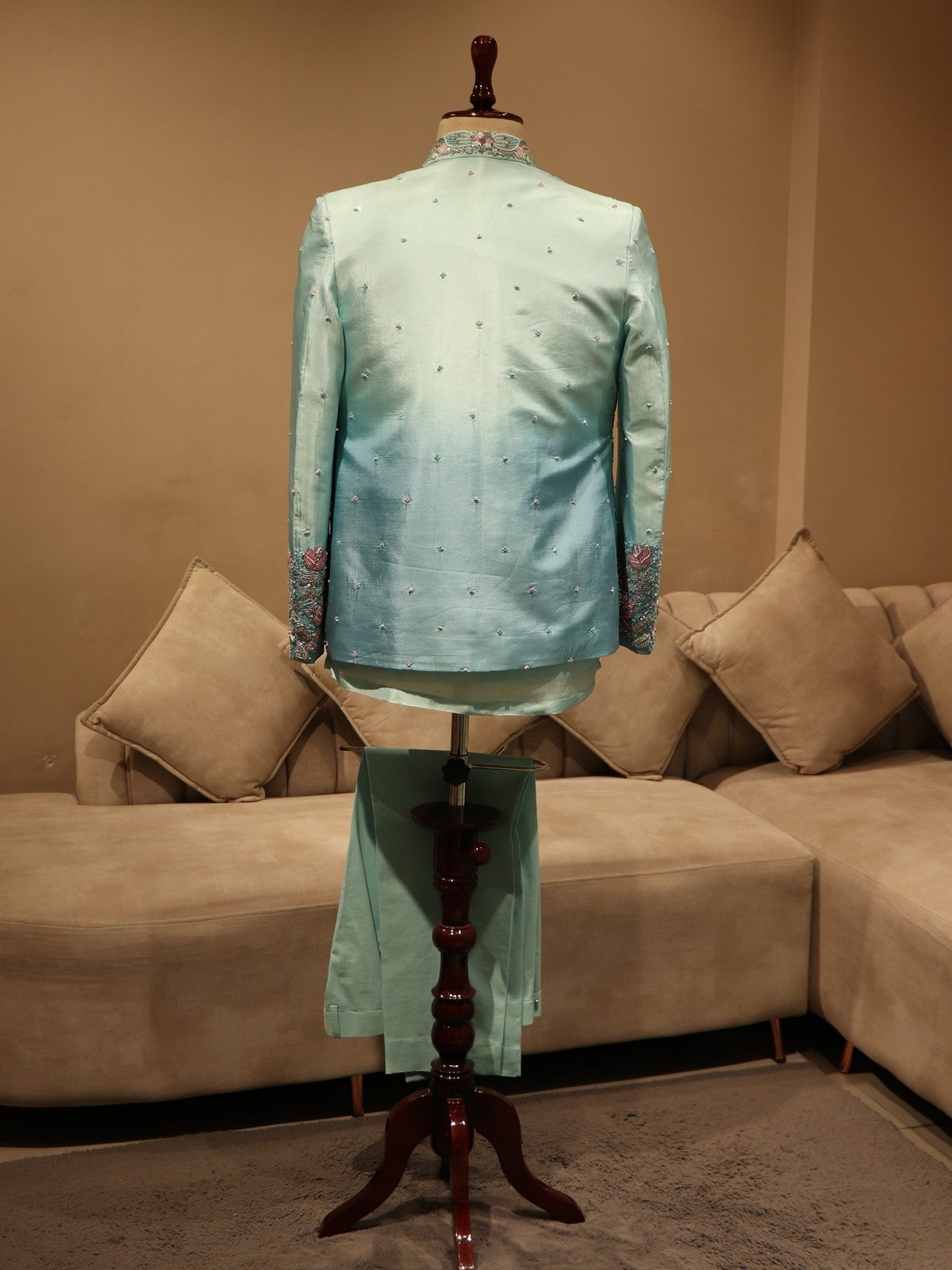 pastel sea green shaded embroidered indo western