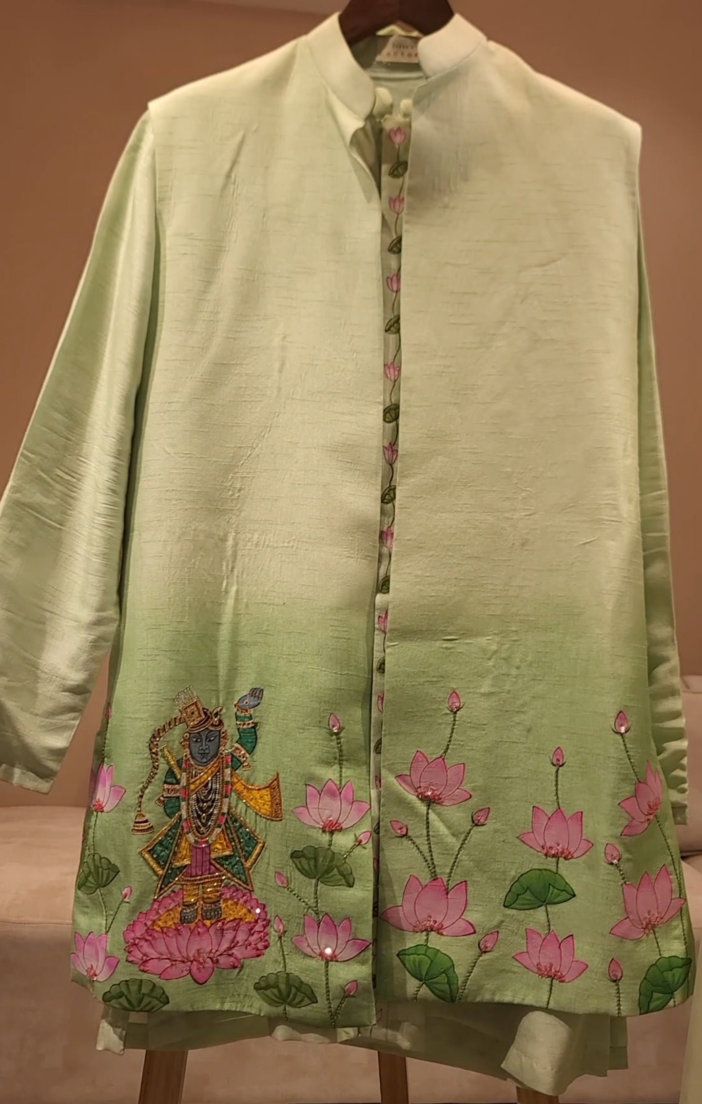 Green shreenathji pichwai Handpainted mens jacket with kurta pants