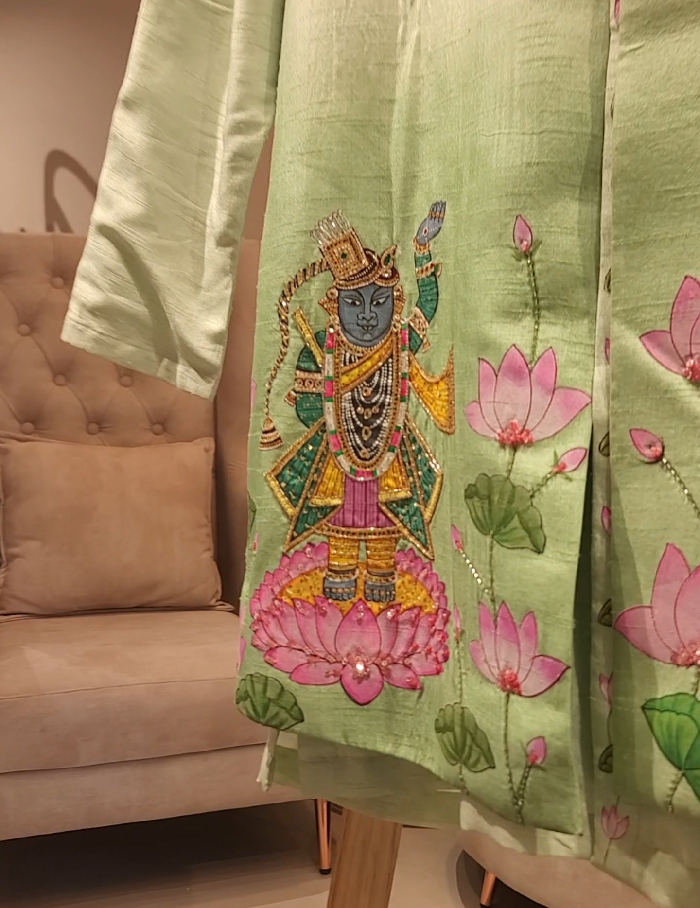 Green shreenathji pichwai Handpainted mens jacket with kurta pants