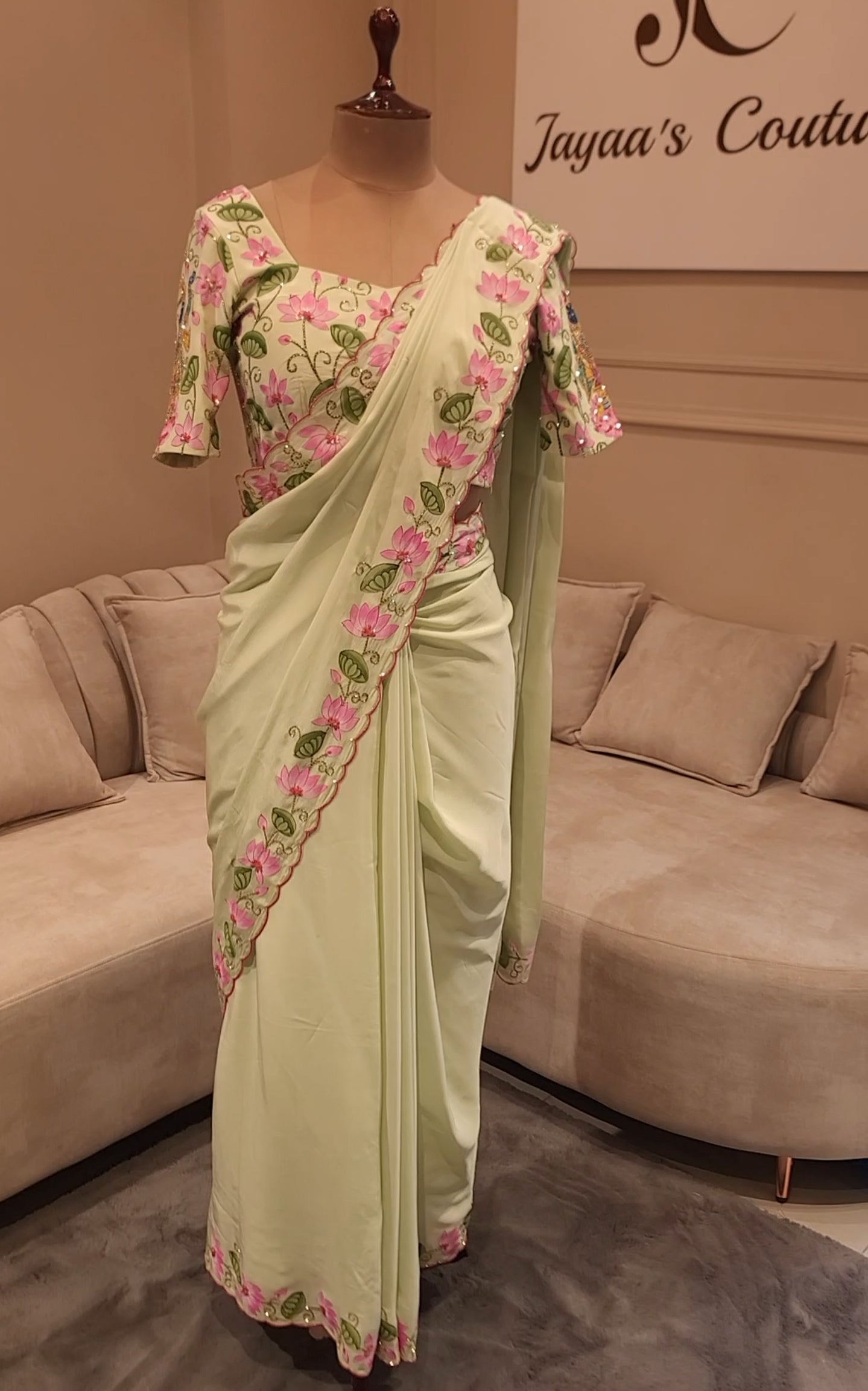 Green shreenathji pichwai handpainted saree with shrug
