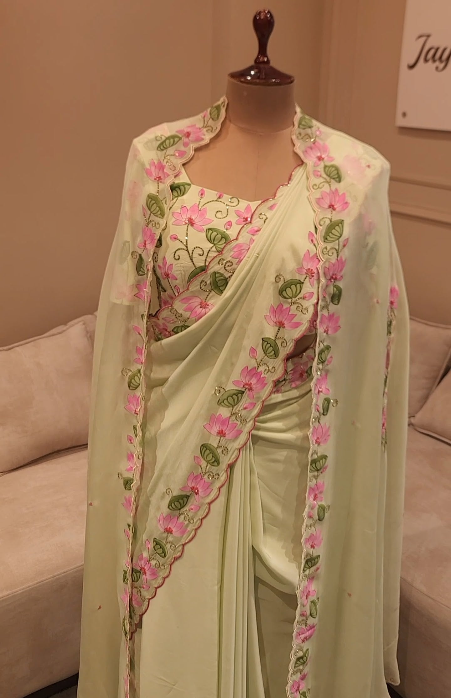 Green shreenathji pichwai handpainted saree with shrug