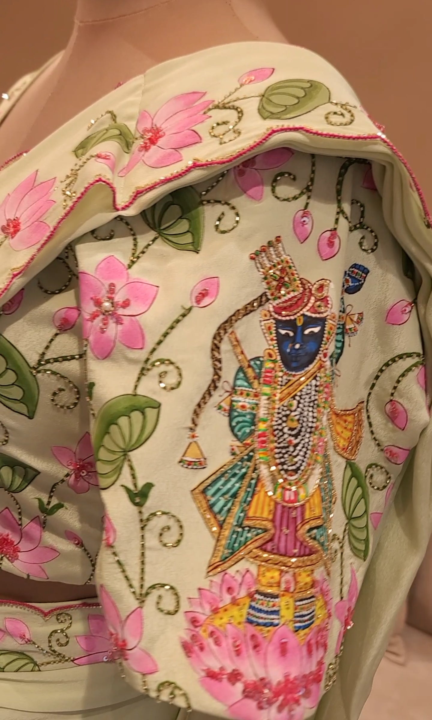 Green shreenathji pichwai handpainted saree with shrug