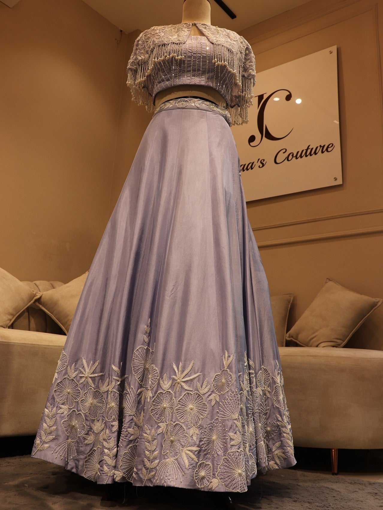 Ice blue pearl crop top with cape and skirt