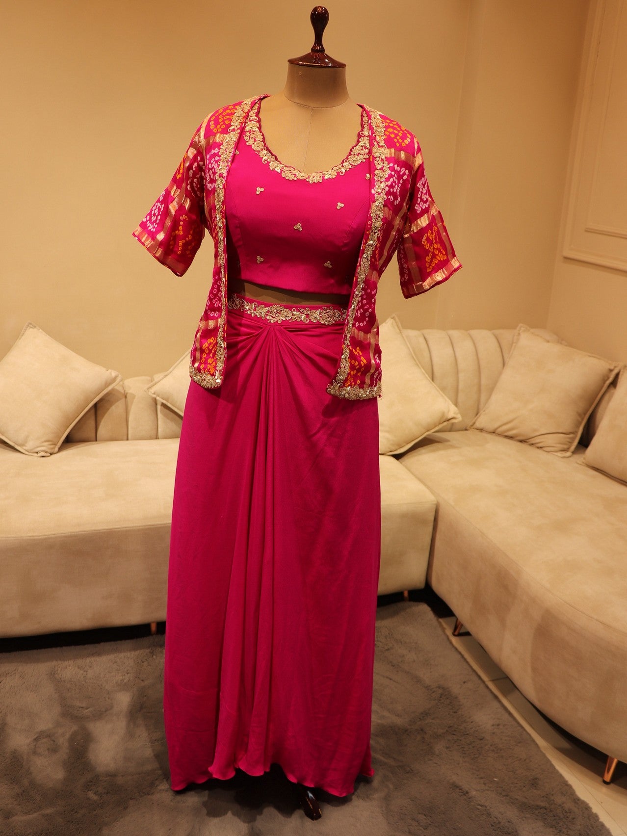 Rani ghatchola with crop top and drape skirt