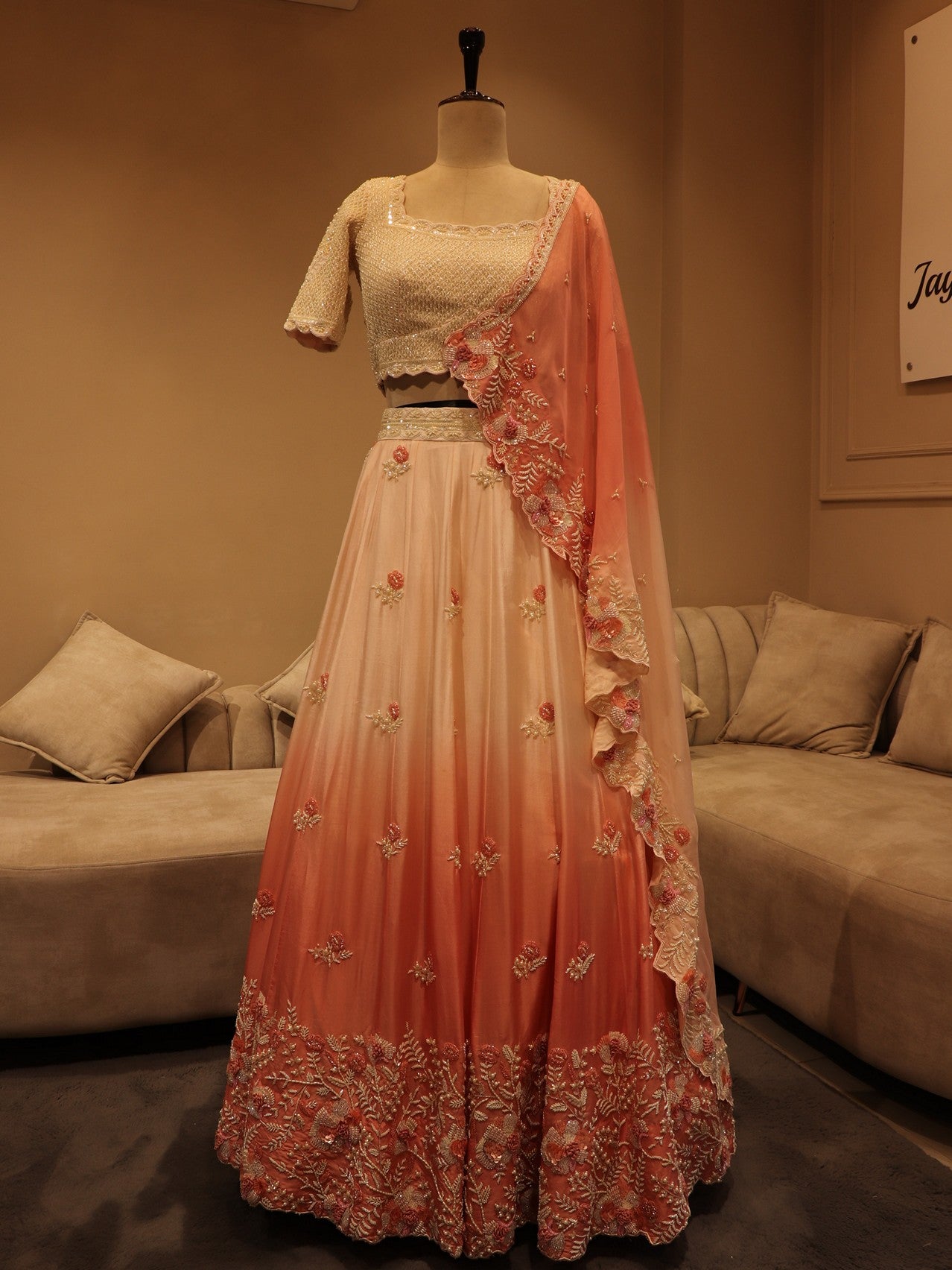 Off white gajri pink shaded lehenga set