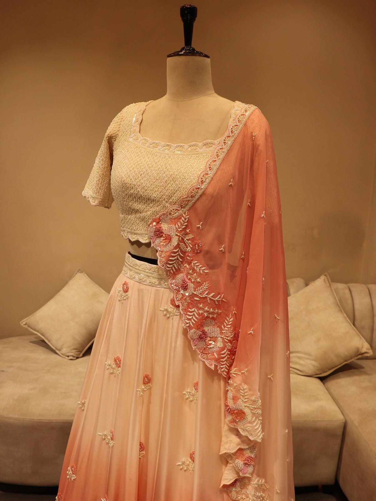 Off white gajri pink shaded lehenga set