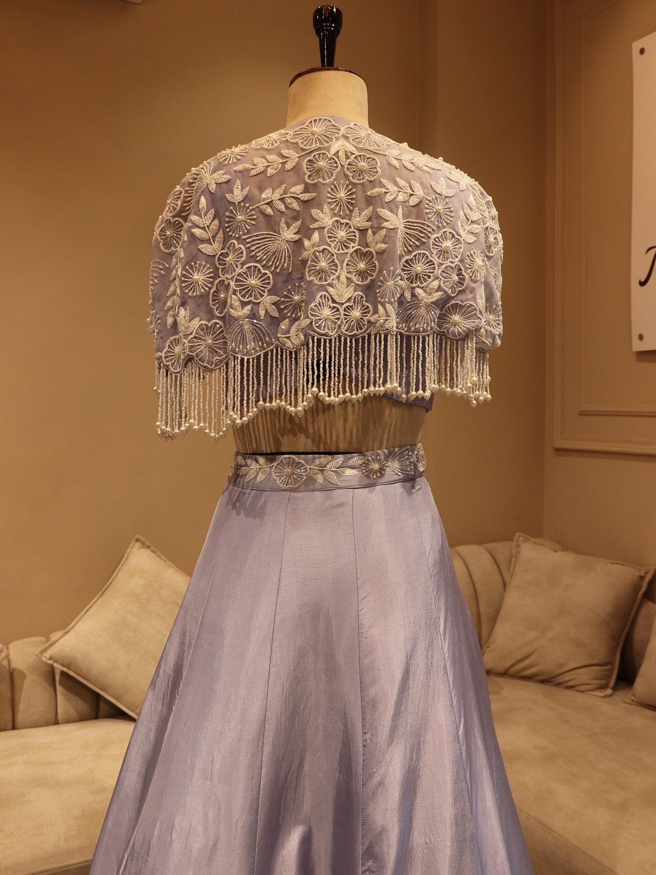 Ice blue pearl crop top with cape and skirt