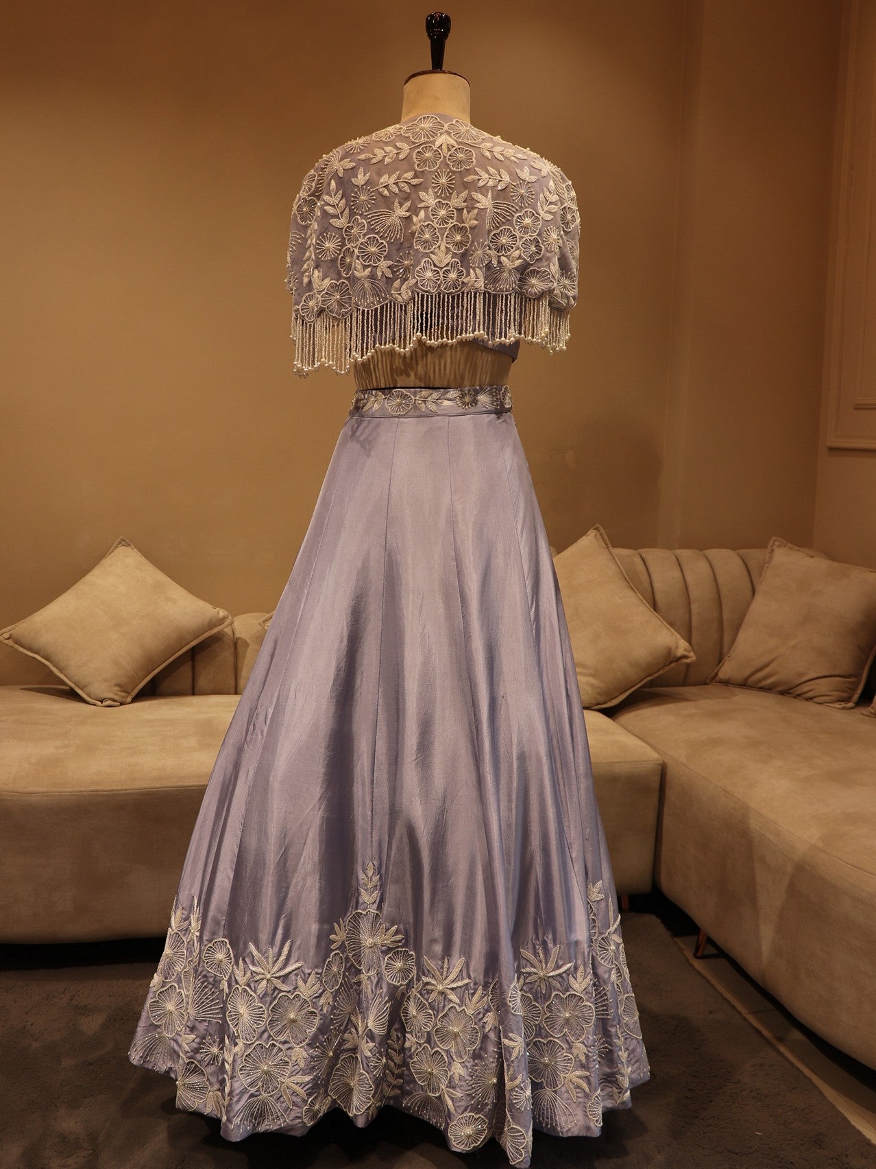 Ice blue pearl crop top with cape and skirt