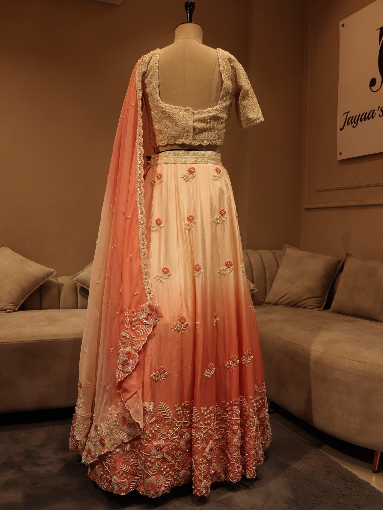 Off white gajri pink shaded lehenga set