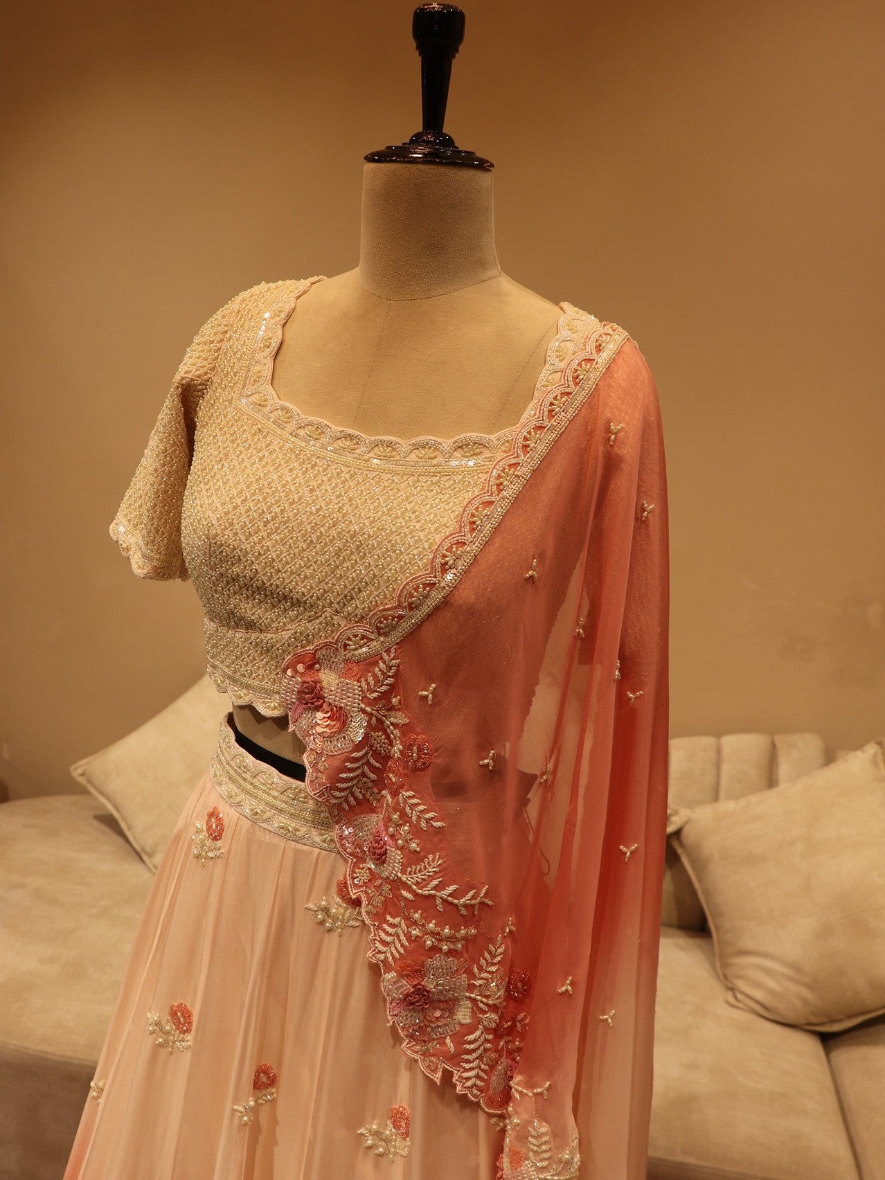 Off white gajri pink shaded lehenga set