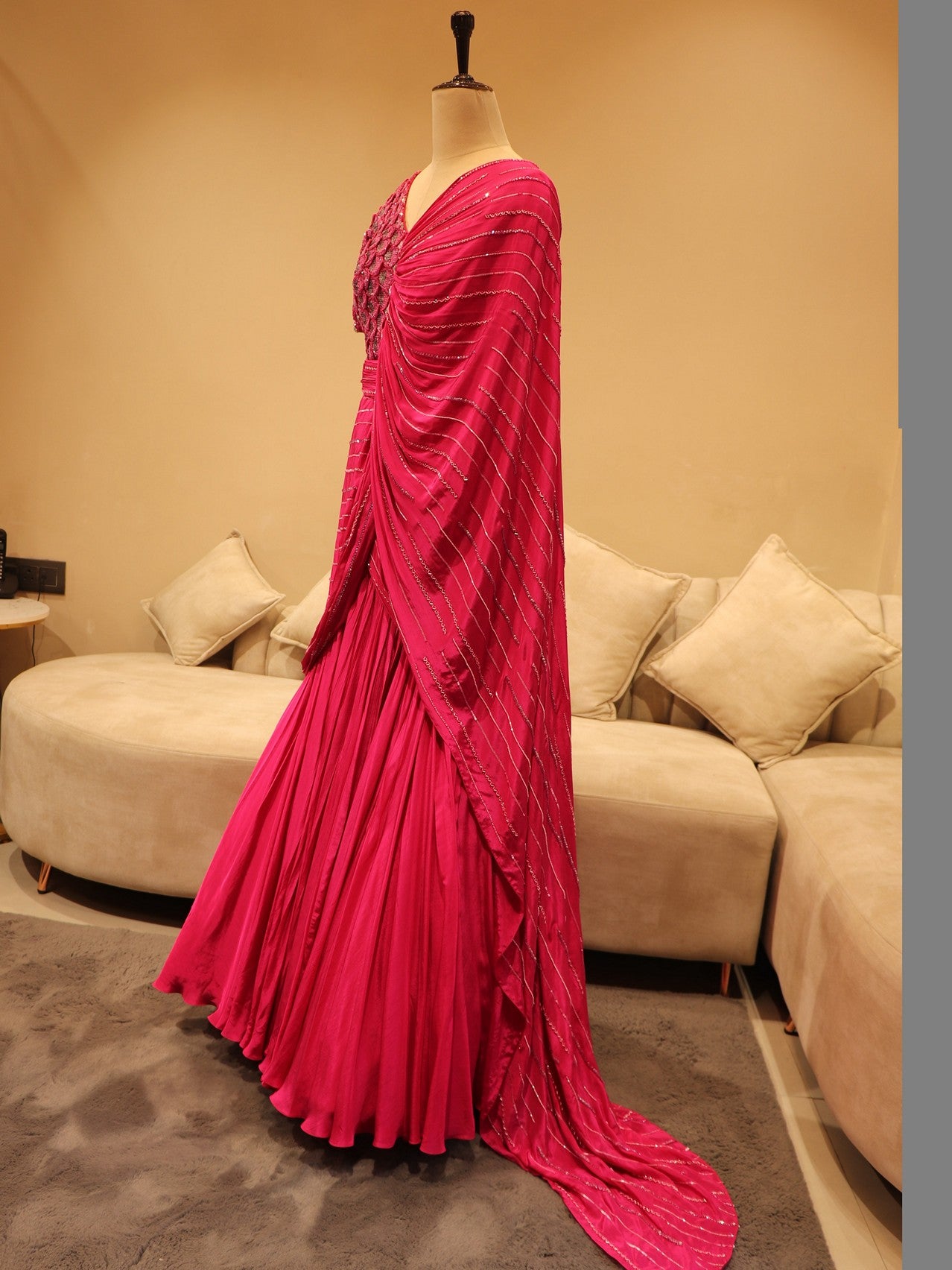 Hot pink 3d flowes drape fish cut gown