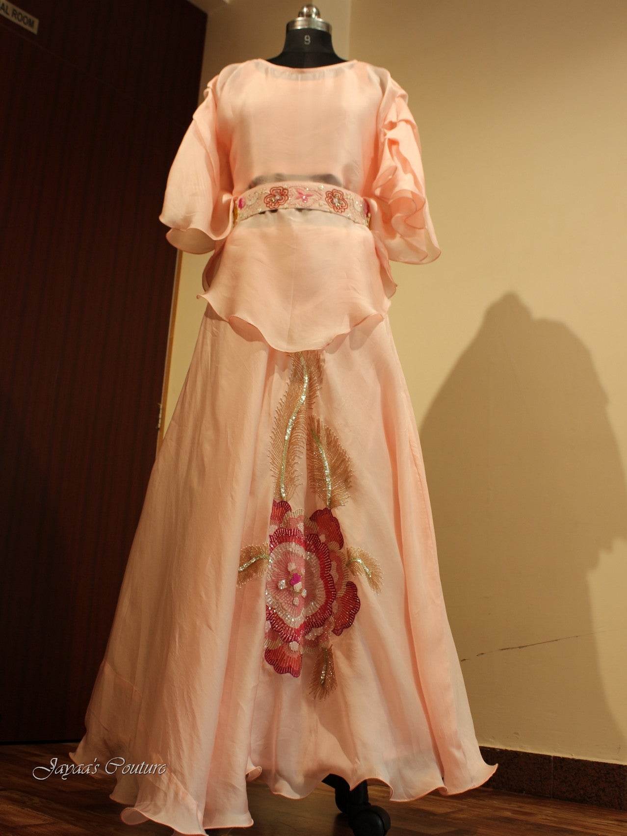 Peach kaftan with belt and skirt