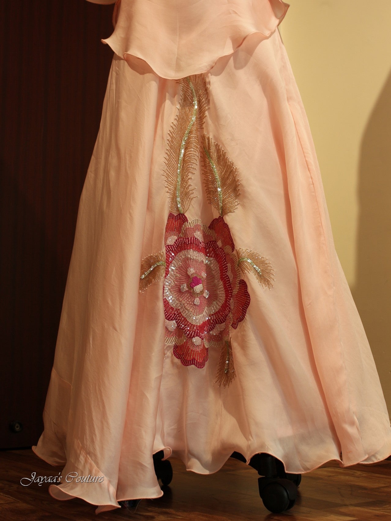 Peach kaftan with belt and skirt