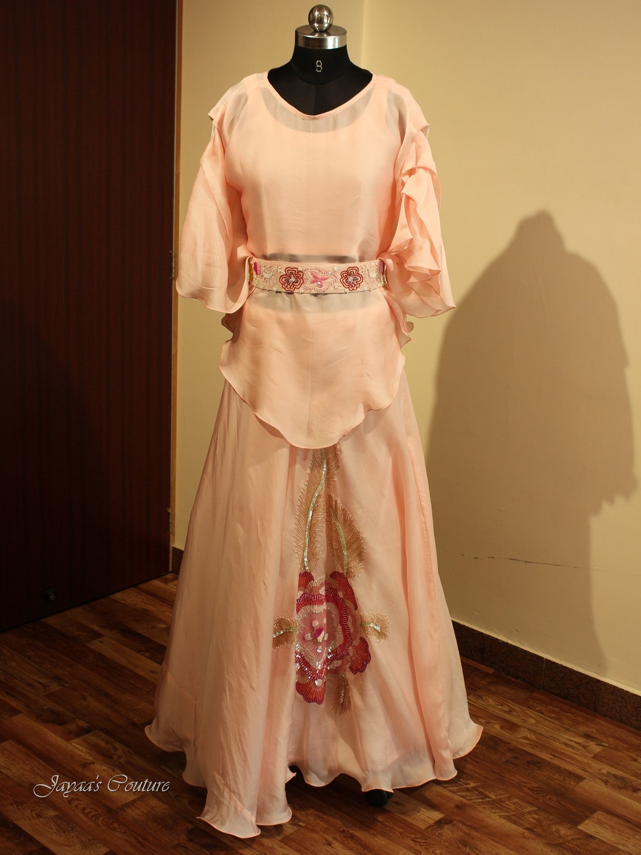 Peach kaftan with belt and skirt