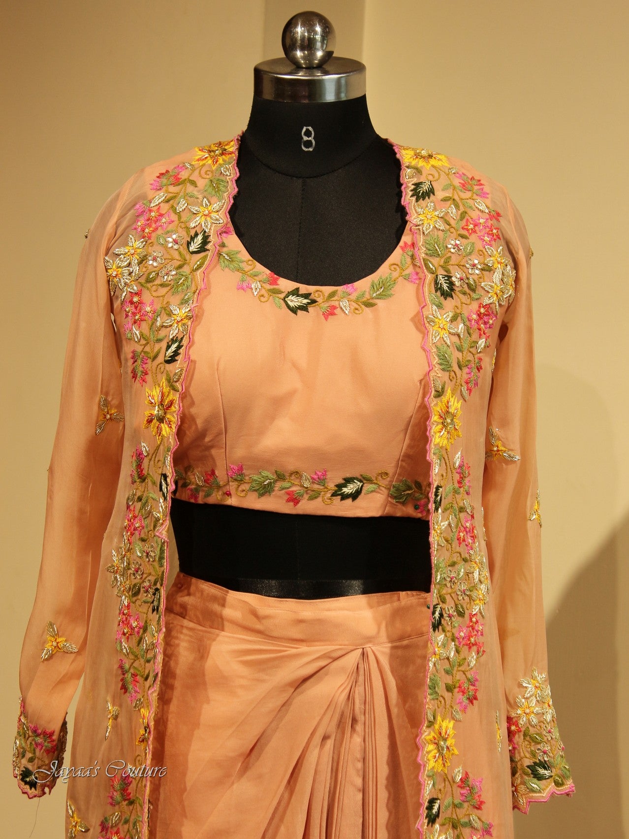 Dusty peach crop top with drape skirt and cape