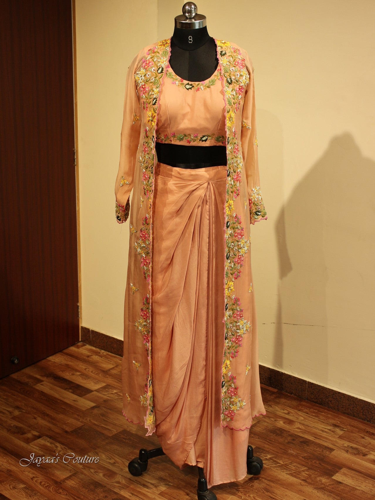 Dusty peach crop top with drape skirt and cape