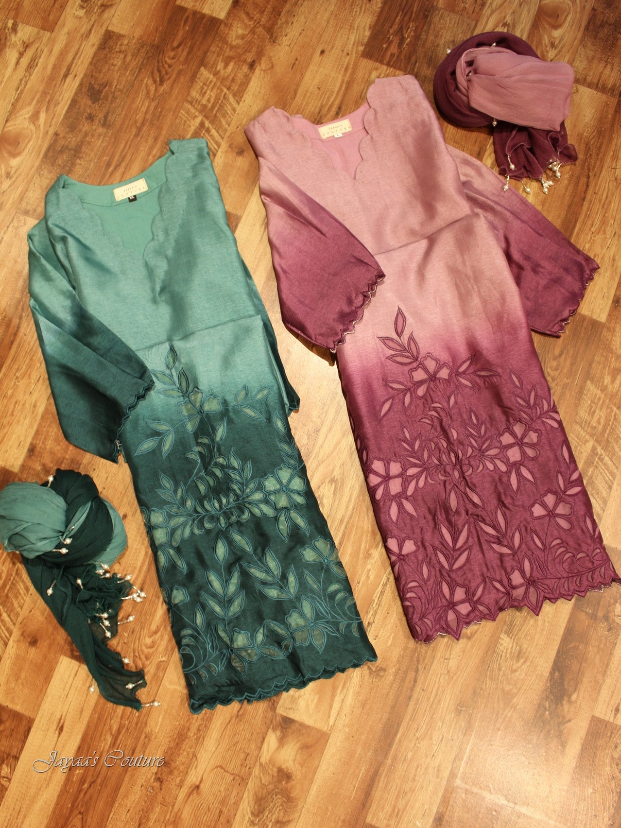 Mauve shaded applique kurta pants dupatta