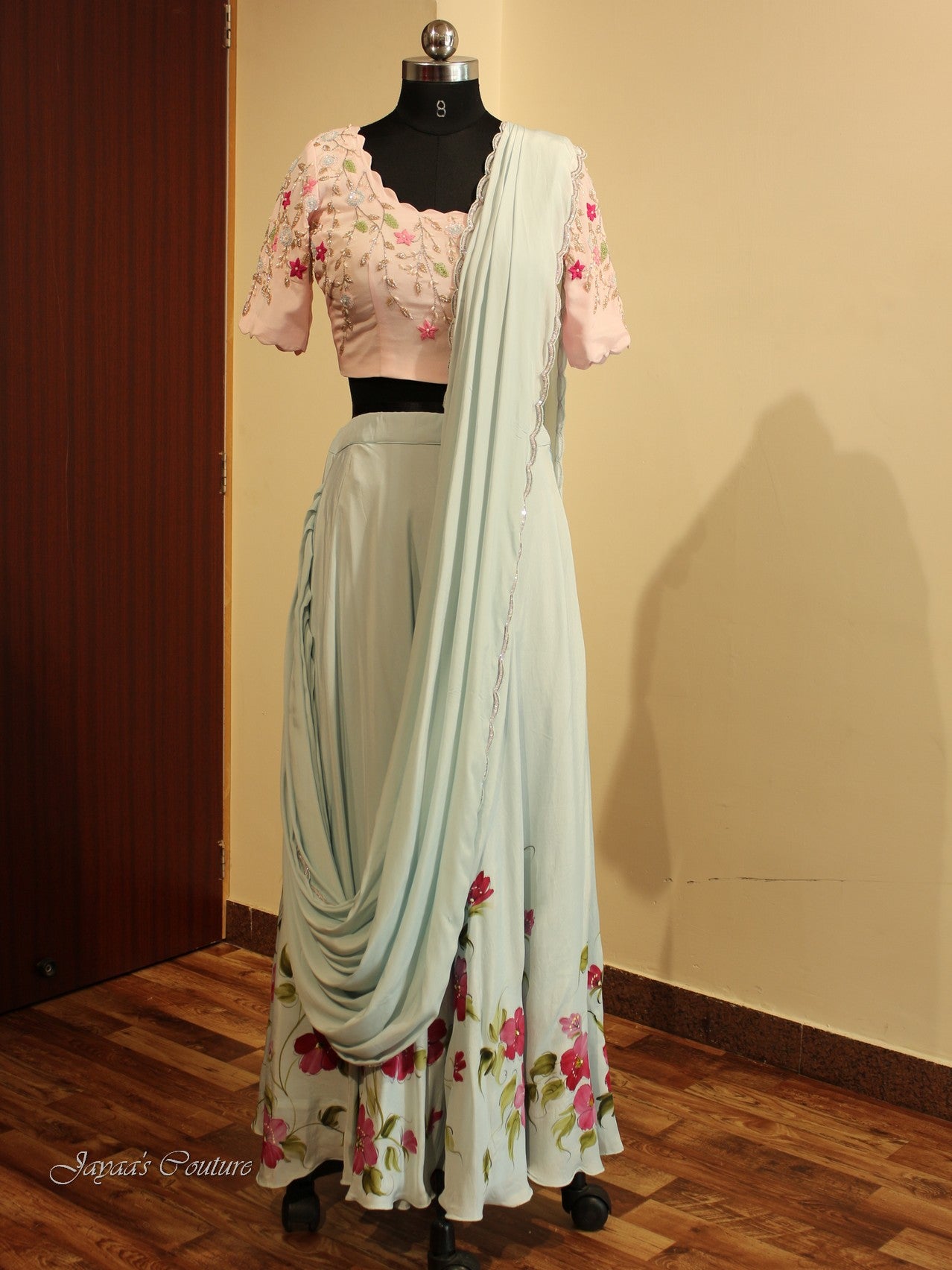 Powder blue drape saree