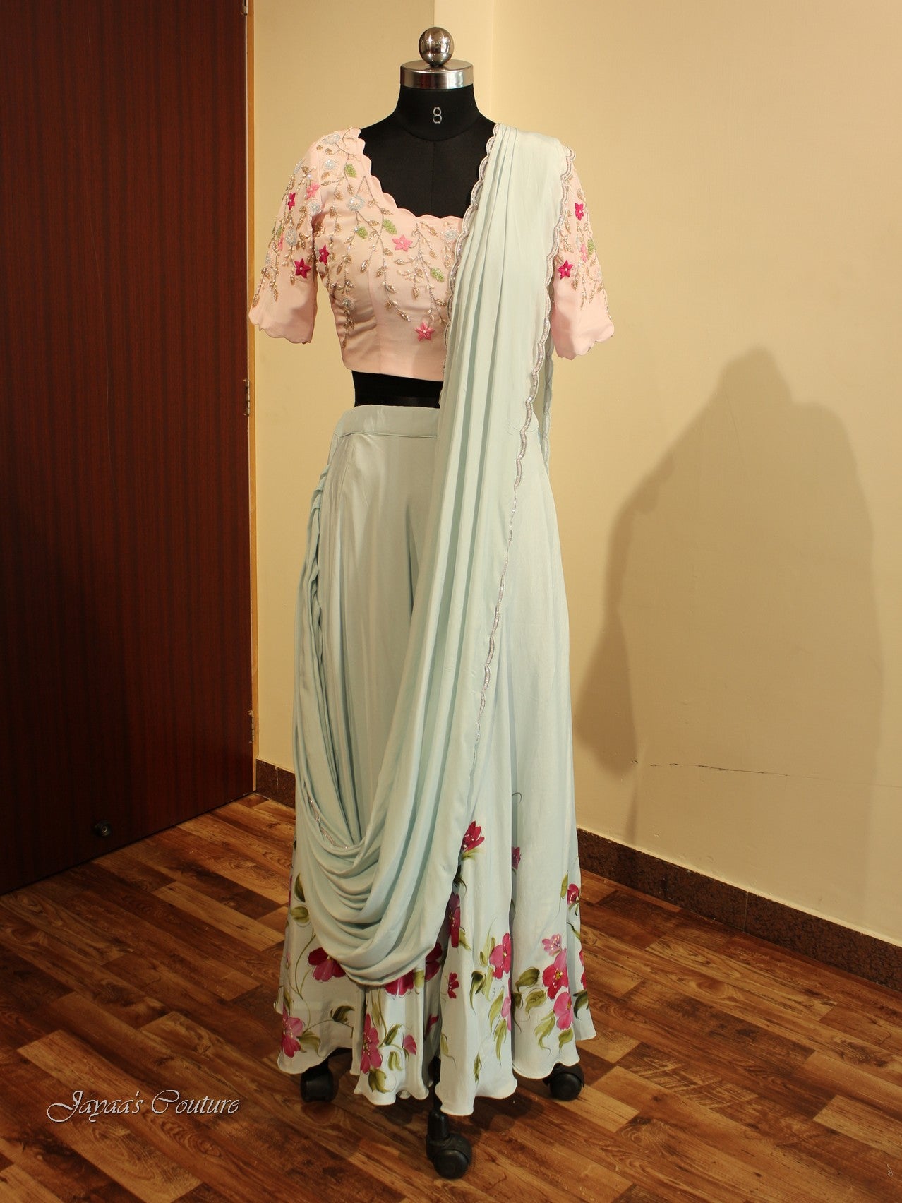 Powder blue drape saree