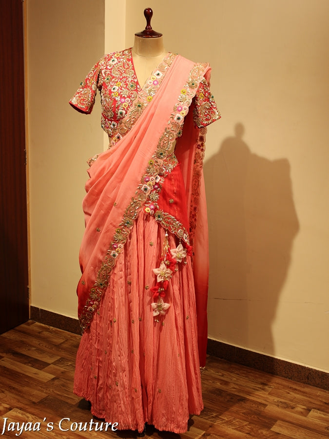 Peach red shaded Lehenga set