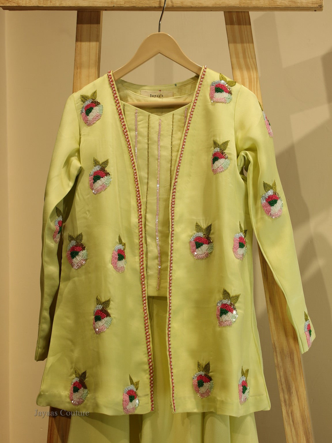 Green Crop top plazo with shrug