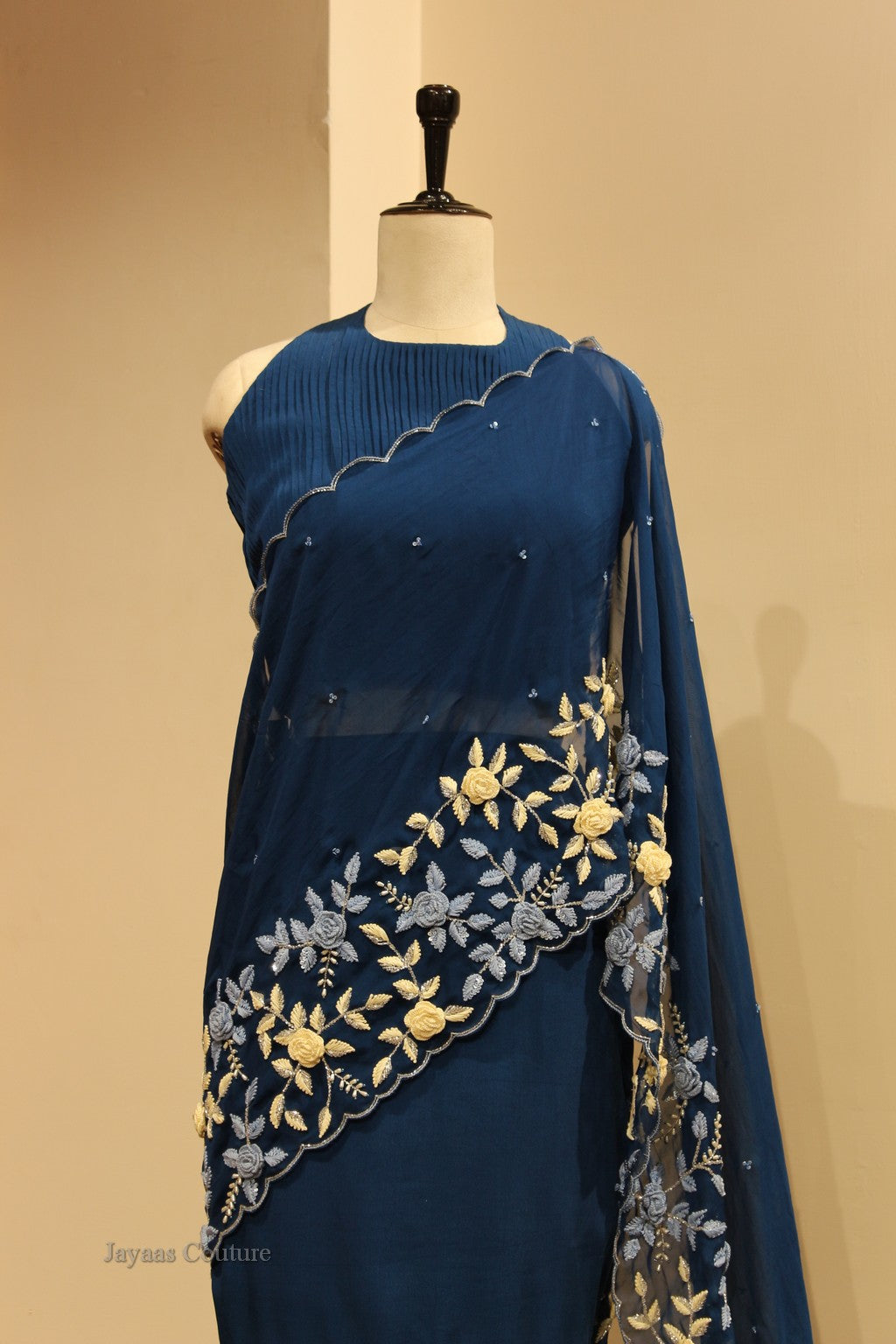 Turquoise blue drape saree