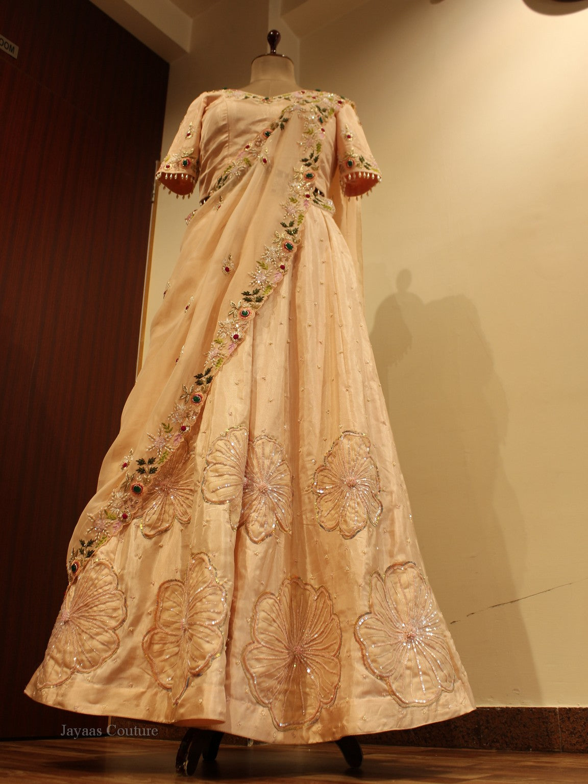 Peach lehenga with drape dupatta