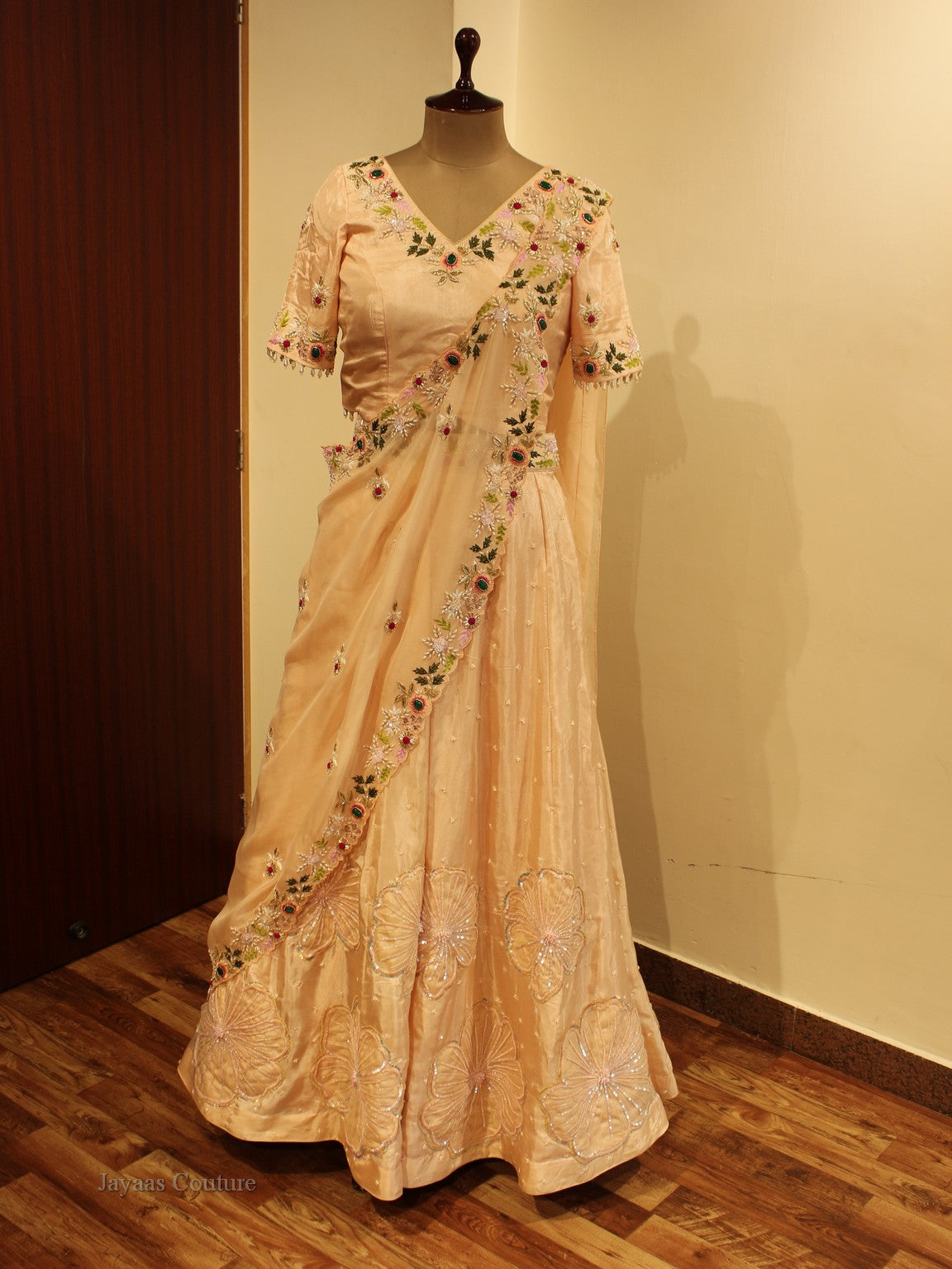 Peach lehenga with drape dupatta
