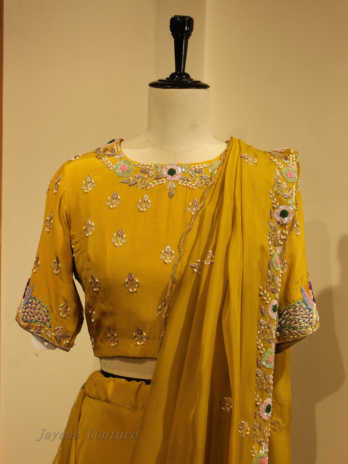 Mustard yellow drape lehenga set