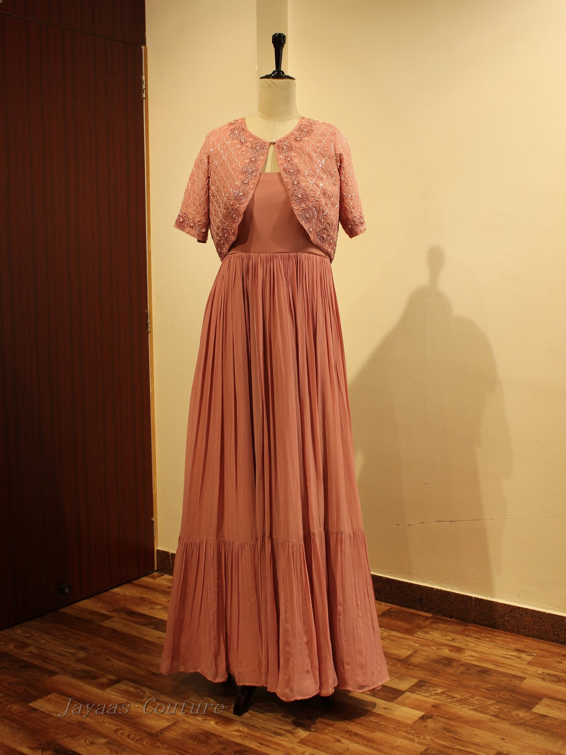 Peach gown with cape