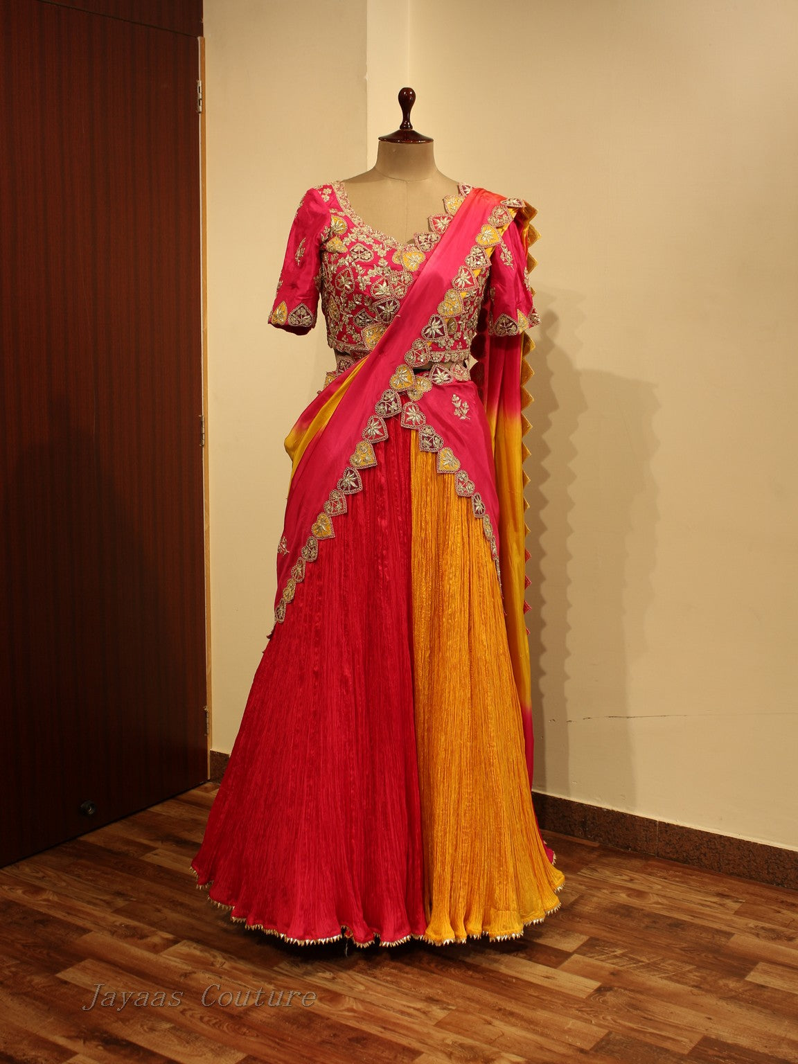 Pink yellow multi colour lehenga with crushed skirt