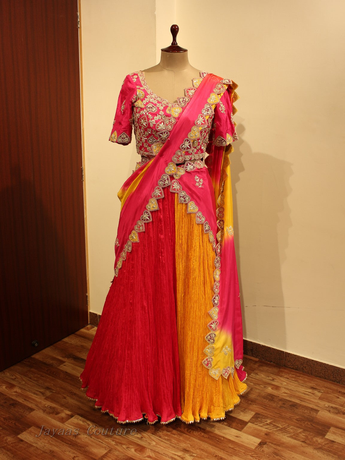 Pink yellow multi colour lehenga with crushed skirt