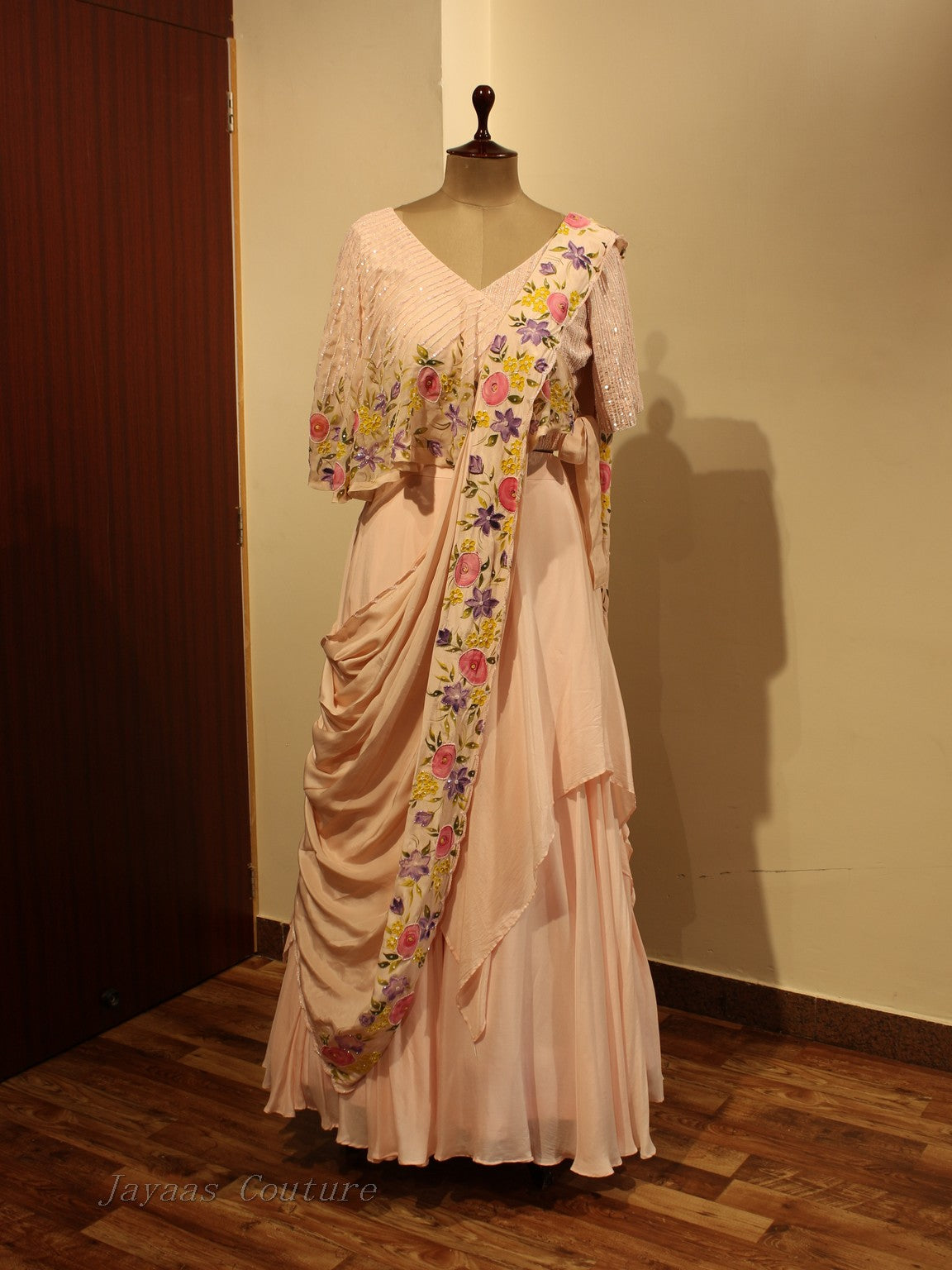 Pastel peach hand painted lehenga set