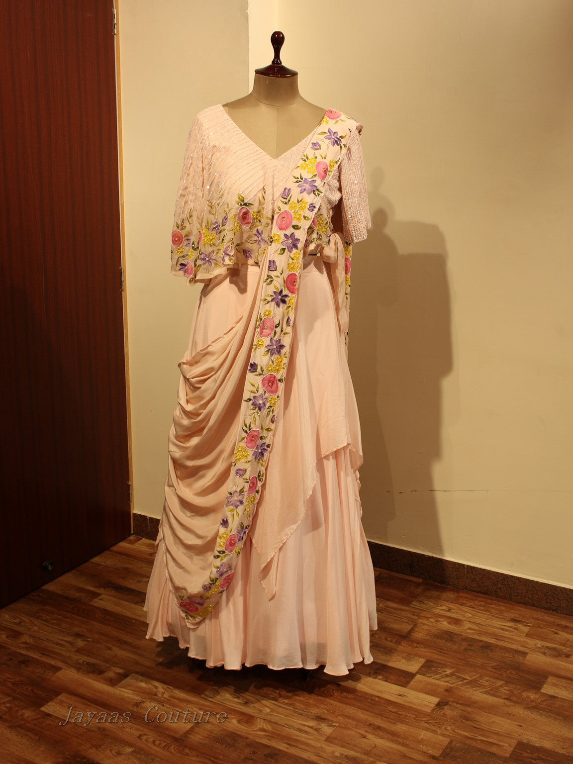 Pastel peach hand painted lehenga set