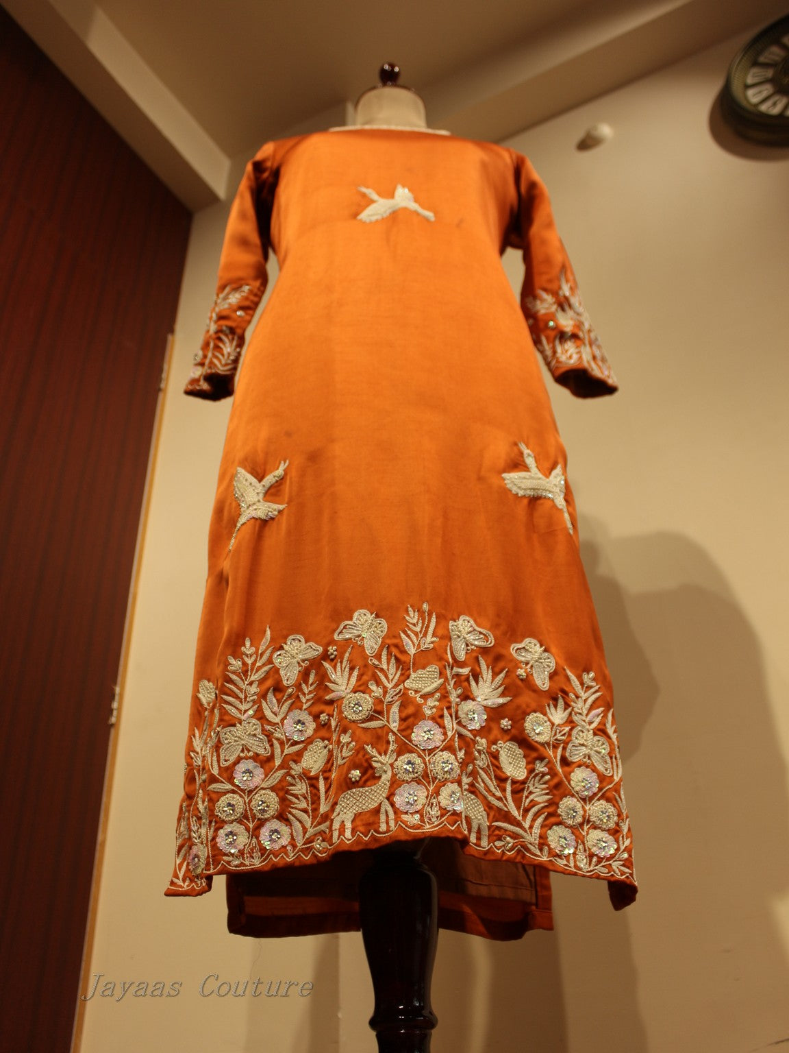 Rust embroidered kurta pants with dupatta