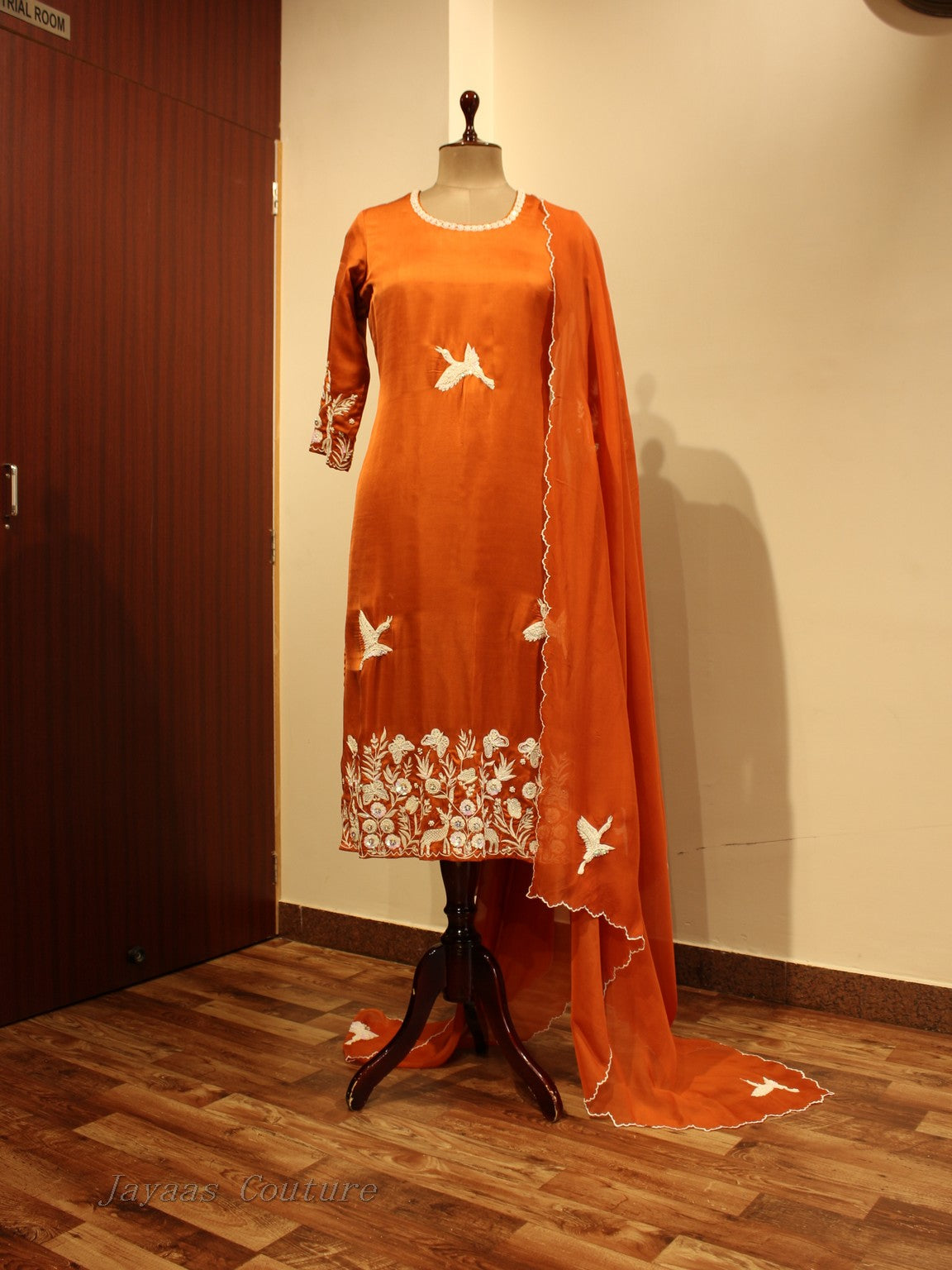 Rust embroidered kurta pants with dupatta