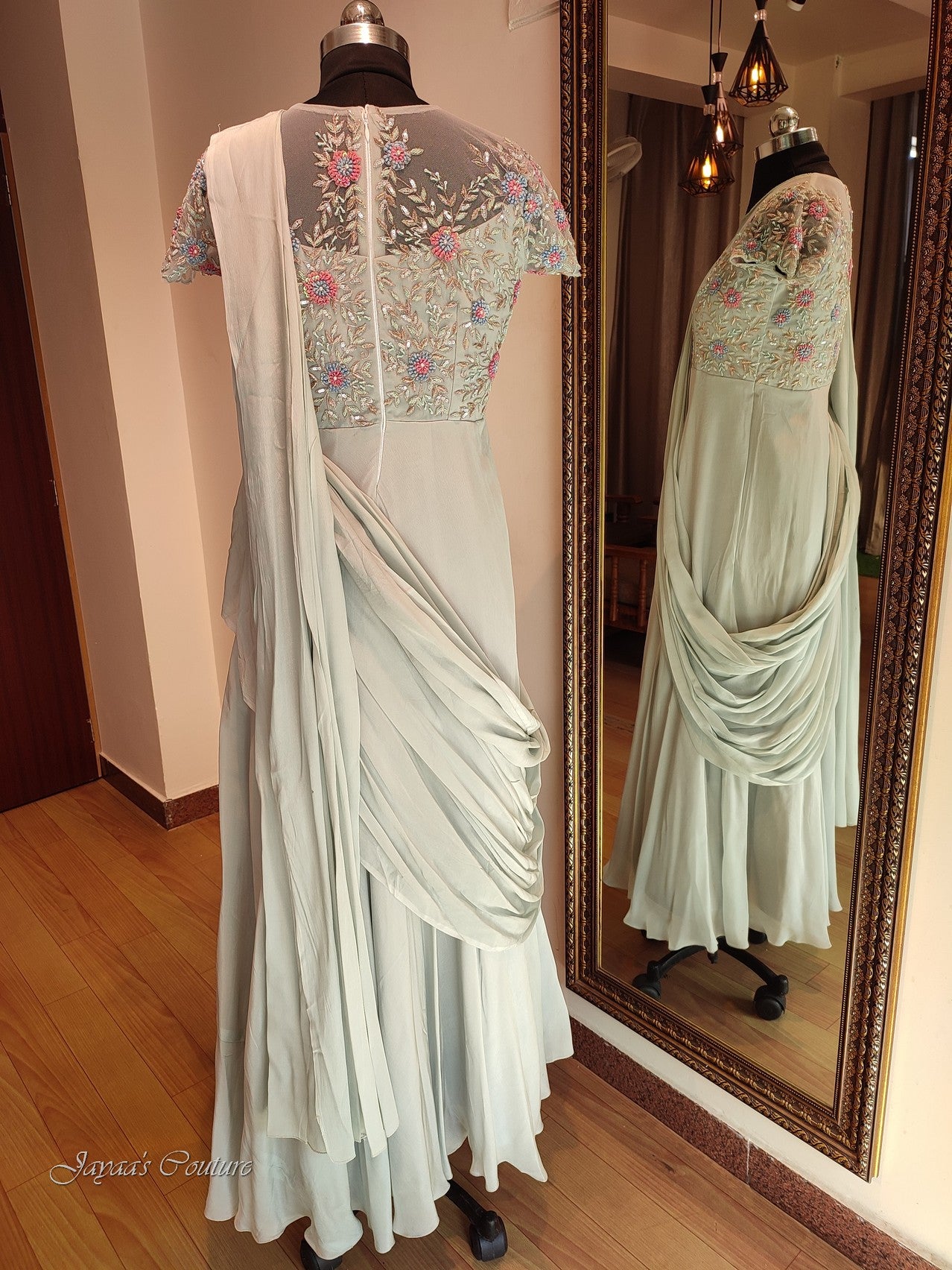 Pastel grey gown with drape dupatta
