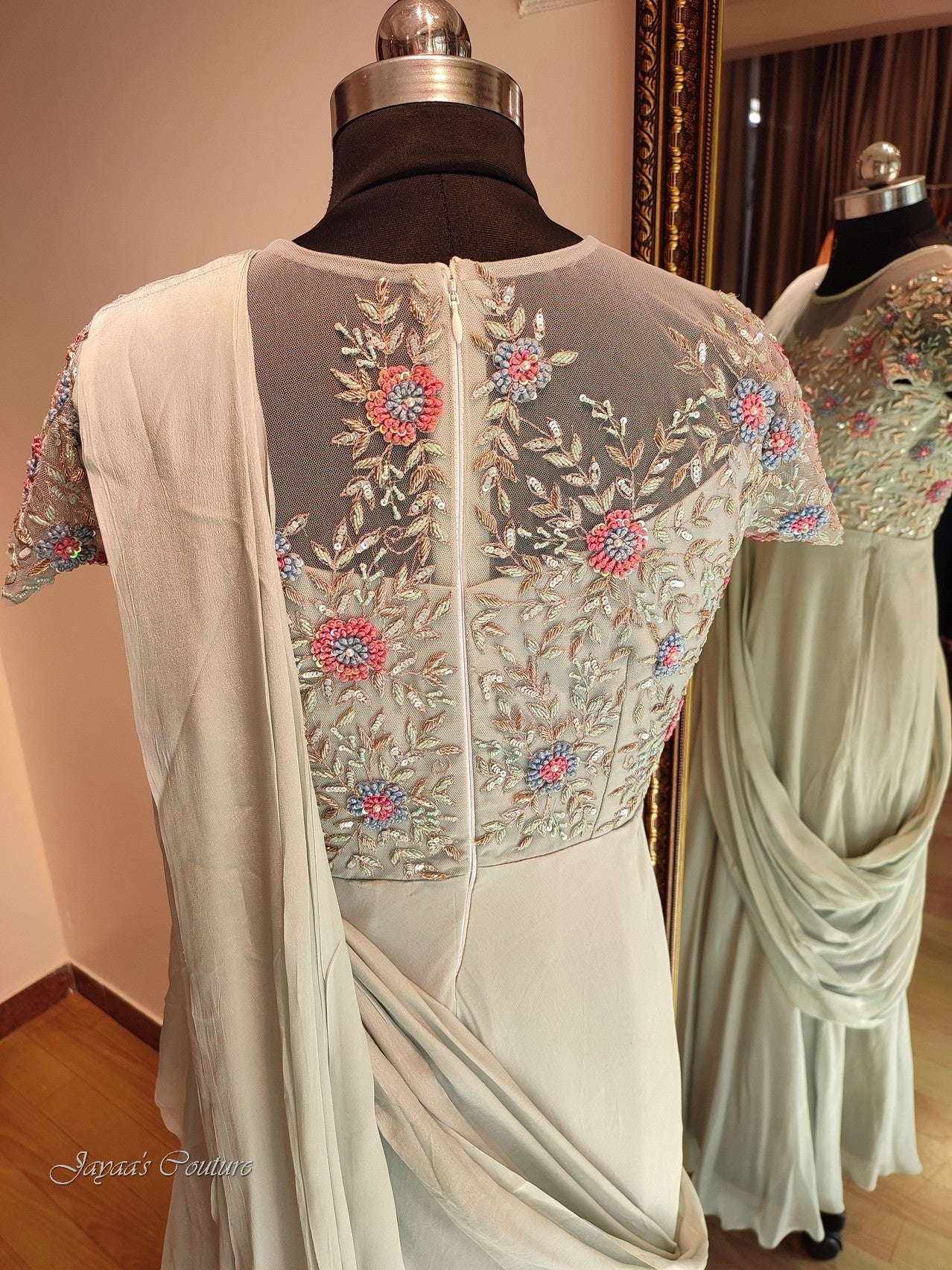 Pastel grey gown with drape dupatta