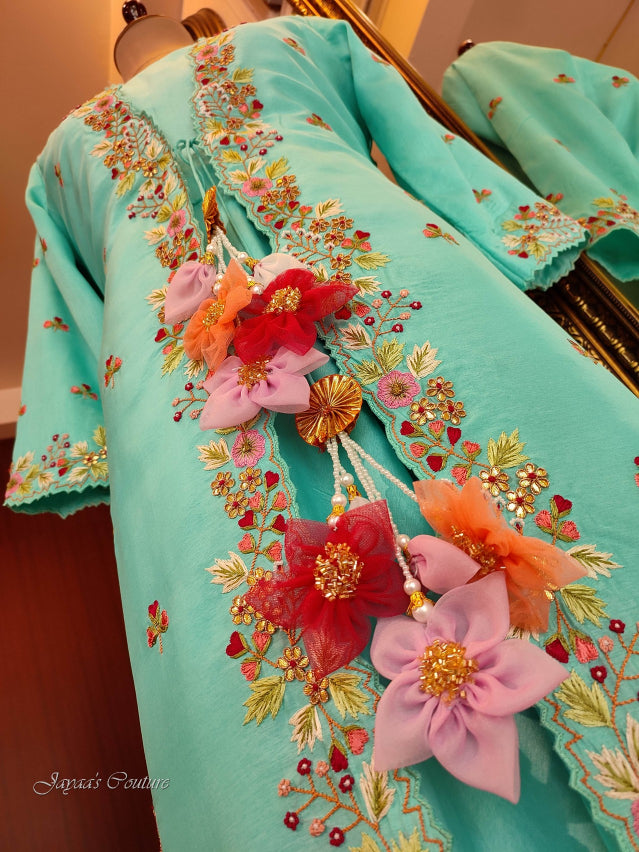 Sea green blue shaded gown with shrug