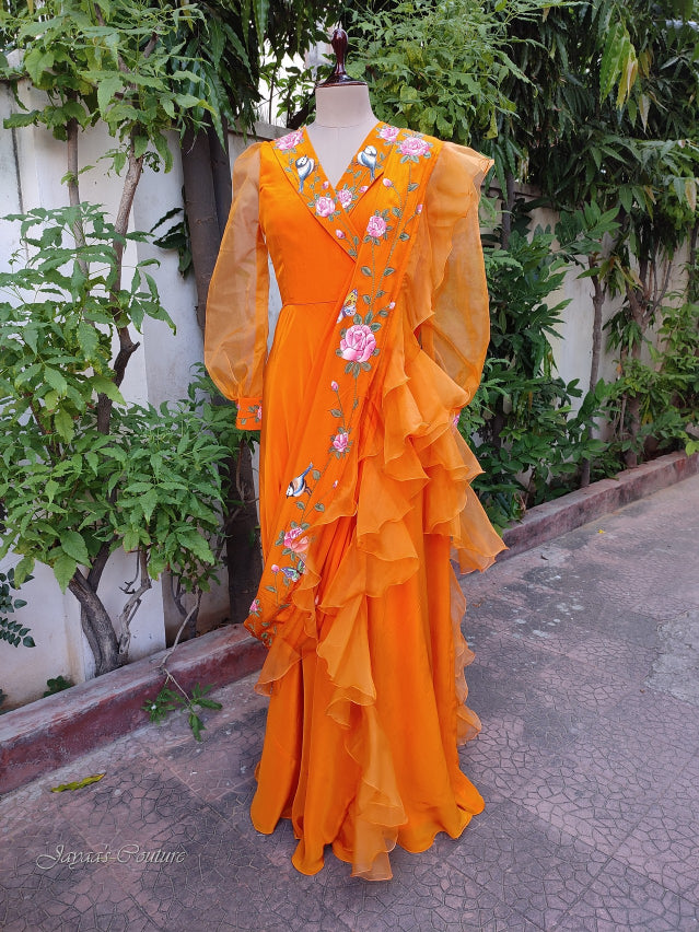 Orange Hand painted gown with Draped frill dupatta