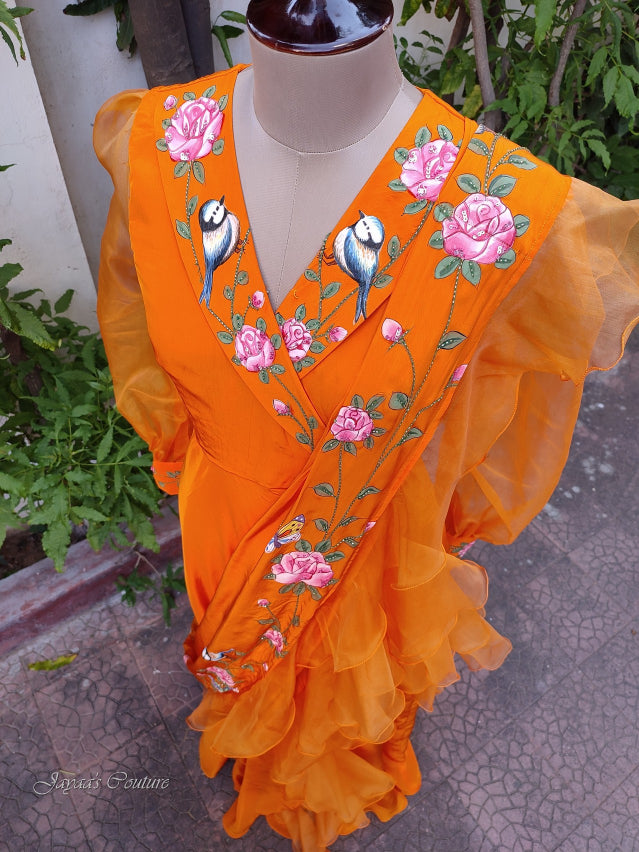 Orange Hand painted gown with Draped frill dupatta