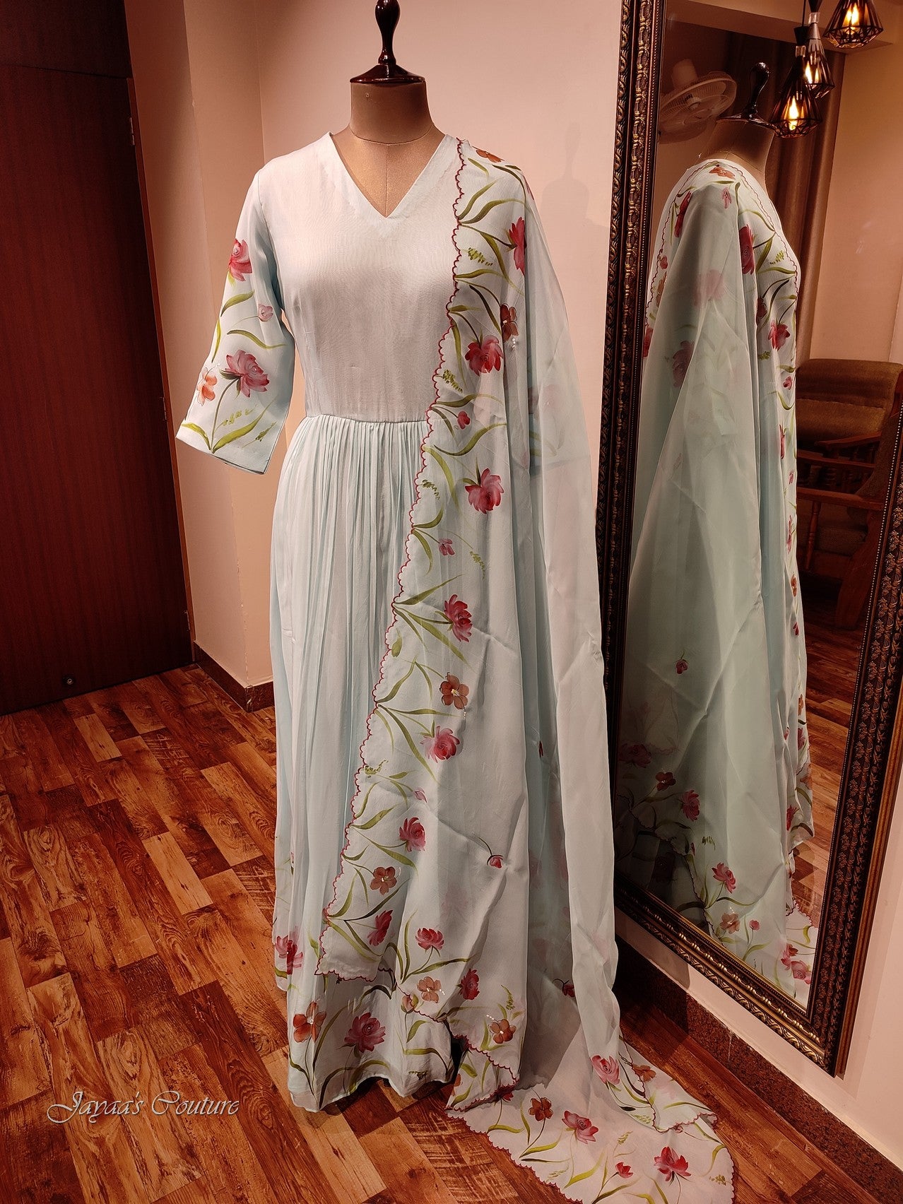 Powder blue hand painted gown with dupatta