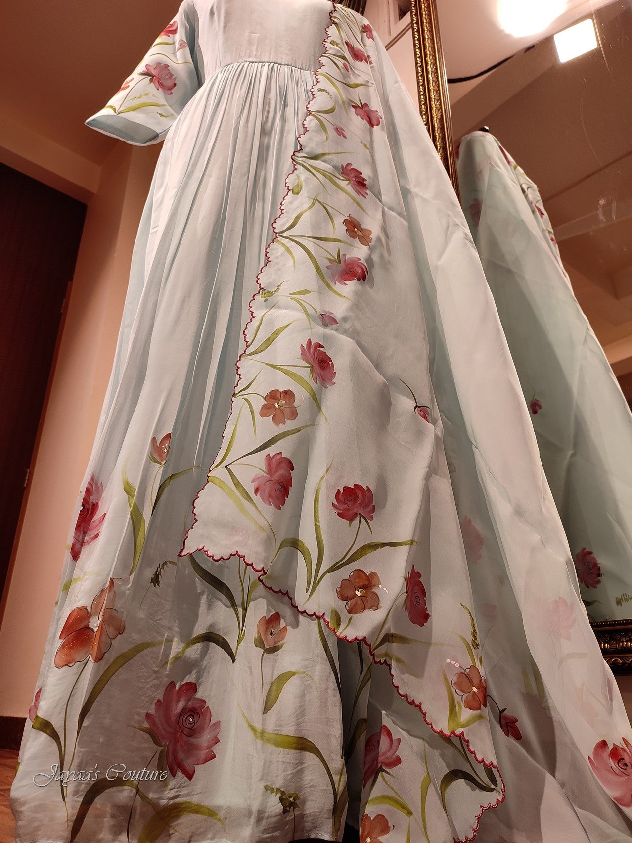 Powder blue hand painted gown with dupatta