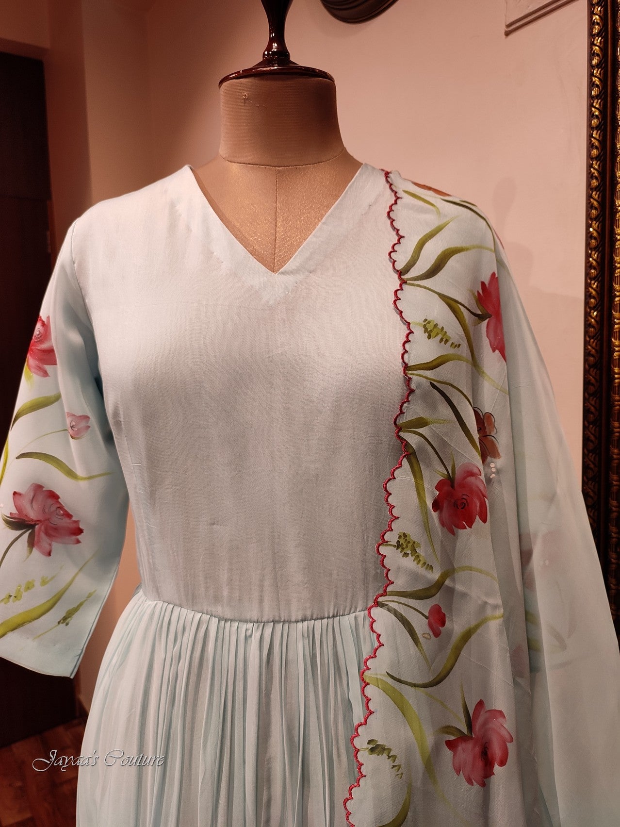 Powder blue hand painted gown with dupatta