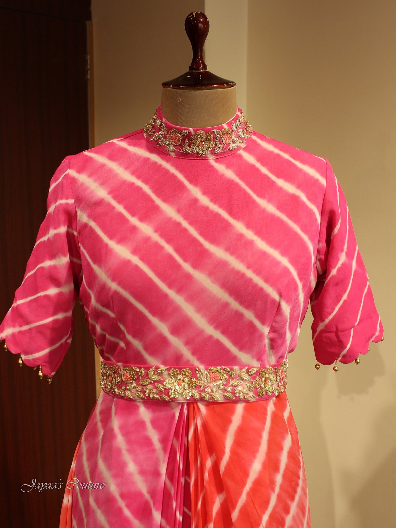 Pink organge shaded Leheriya drape Gown with belt