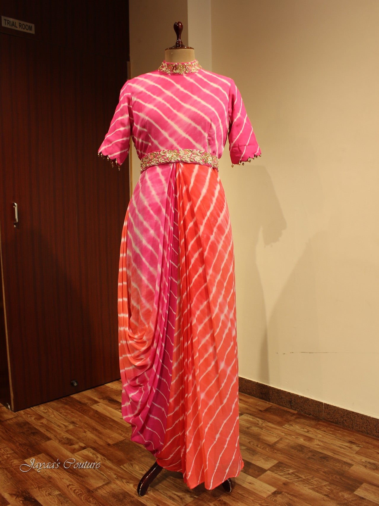 Pink organge shaded Leheriya drape Gown with belt