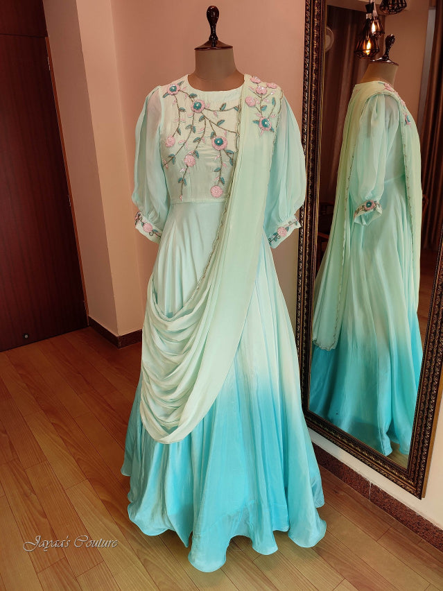 Sea green ombre gown with draped dupatta