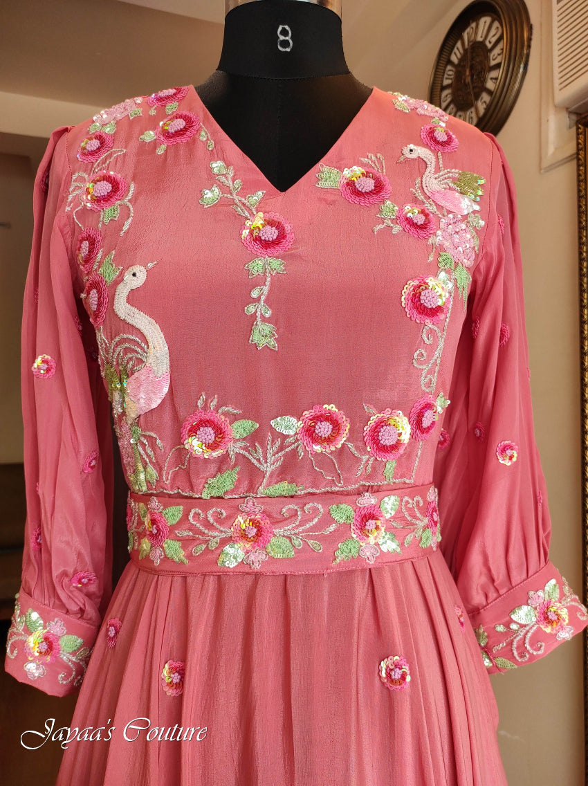 Rust peach shaded gown with belt & dupatta